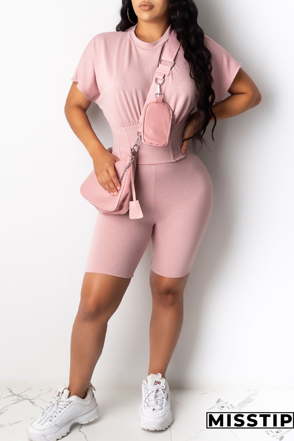 Light Blue Fashion Casual Solid Basic O Neck Short Sleeve Two Pieces