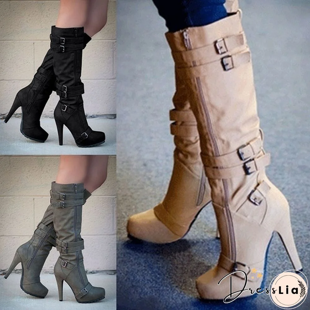 Ladies Boots Sexy Leather Boots Women Stiletto Heel High Boots Knee High Boots Plus Size 34-43