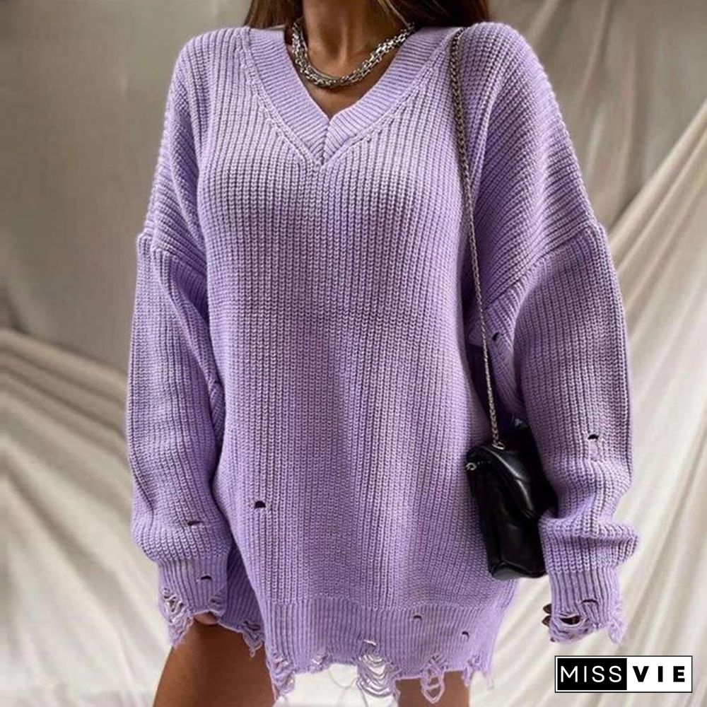 Loose Solid Color Hole Sweater Round Neck Pullover Long Sleeve Sweater