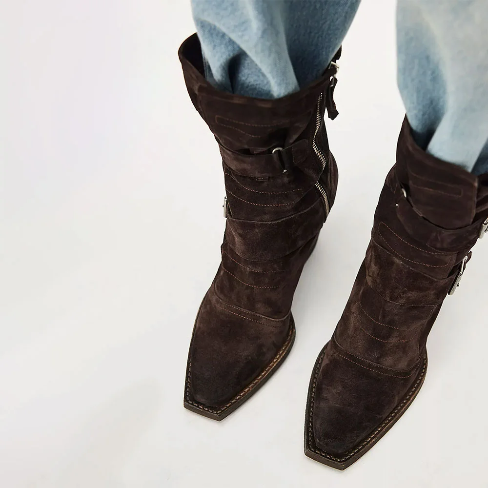 Brown Pointed Toe Multiple Buckle Strap Zipper Heeled Booties