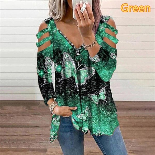 Autumn New Fashion Women's Plaid Butterfly Printed Long Sleeve Strapless Zipper V-neck Casual T-shirt Loose Plus Size Soft and Comfortable Shirt Top XS-5XL - Life is Beautiful for You - SheChoic