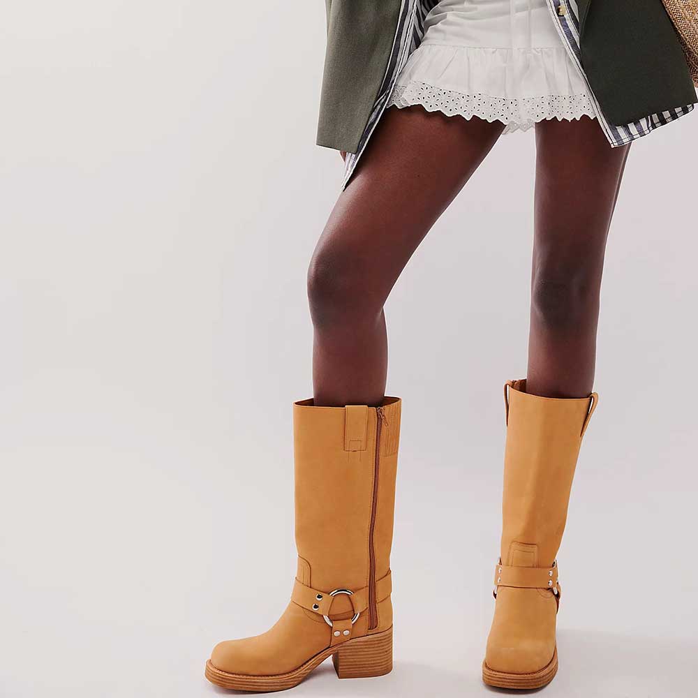 Tan Square Toe Platform Mid Calf Boots with Buckle & Studded Decor Nicepairs