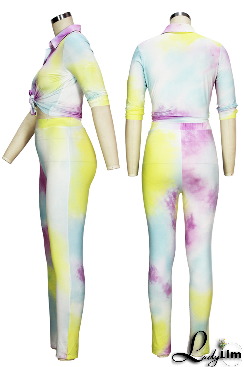 Yellow Sexy Patchwork Tie-dye Turndown Collar Long Sleeve Two Pieces