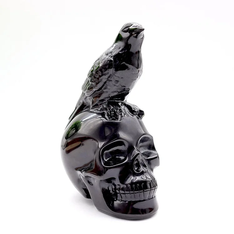 Black Obsidian Skull with Crow - Skull Carving, Obsidian Skull