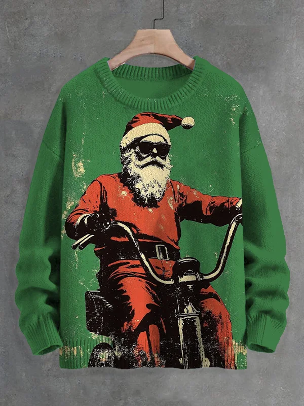 Men's Vintage Santa Riding Motorcycle Print Knit Sweatshirt
