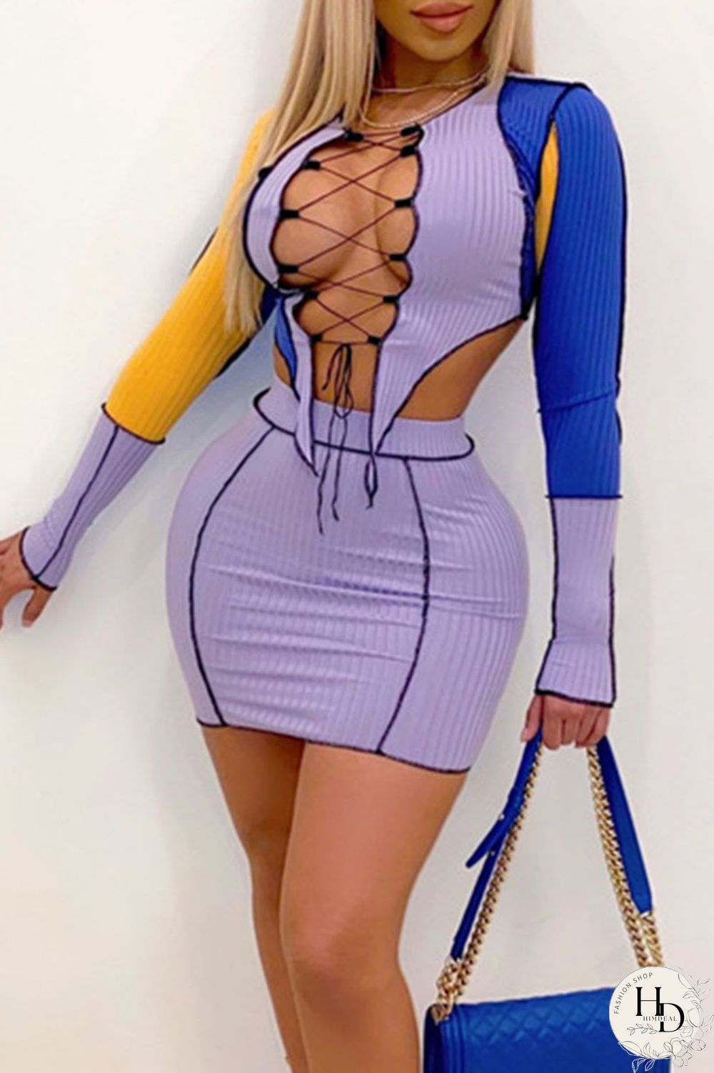 Purple Sexy Solid Bandage Split Joint Frenulum Asymmetrical O Neck Long Sleeve Two Pieces