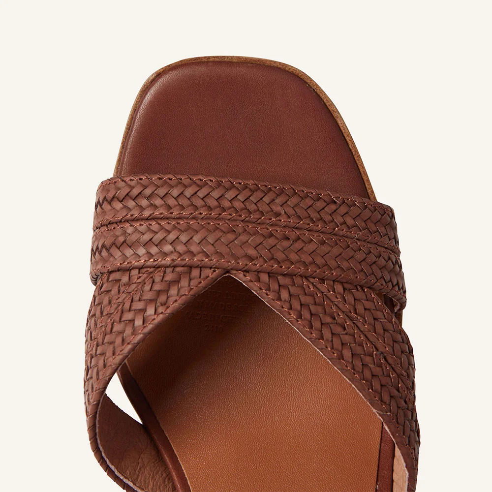 Brown Braided Open Square Toe Ankle Strap Block Heel Platform Sandals