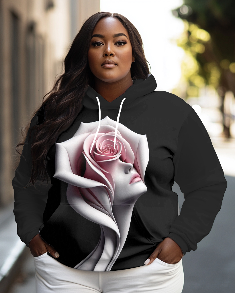 Women's Plus Simple Fashion Pink Rose Women Art Print Long-sleeved Hoodie