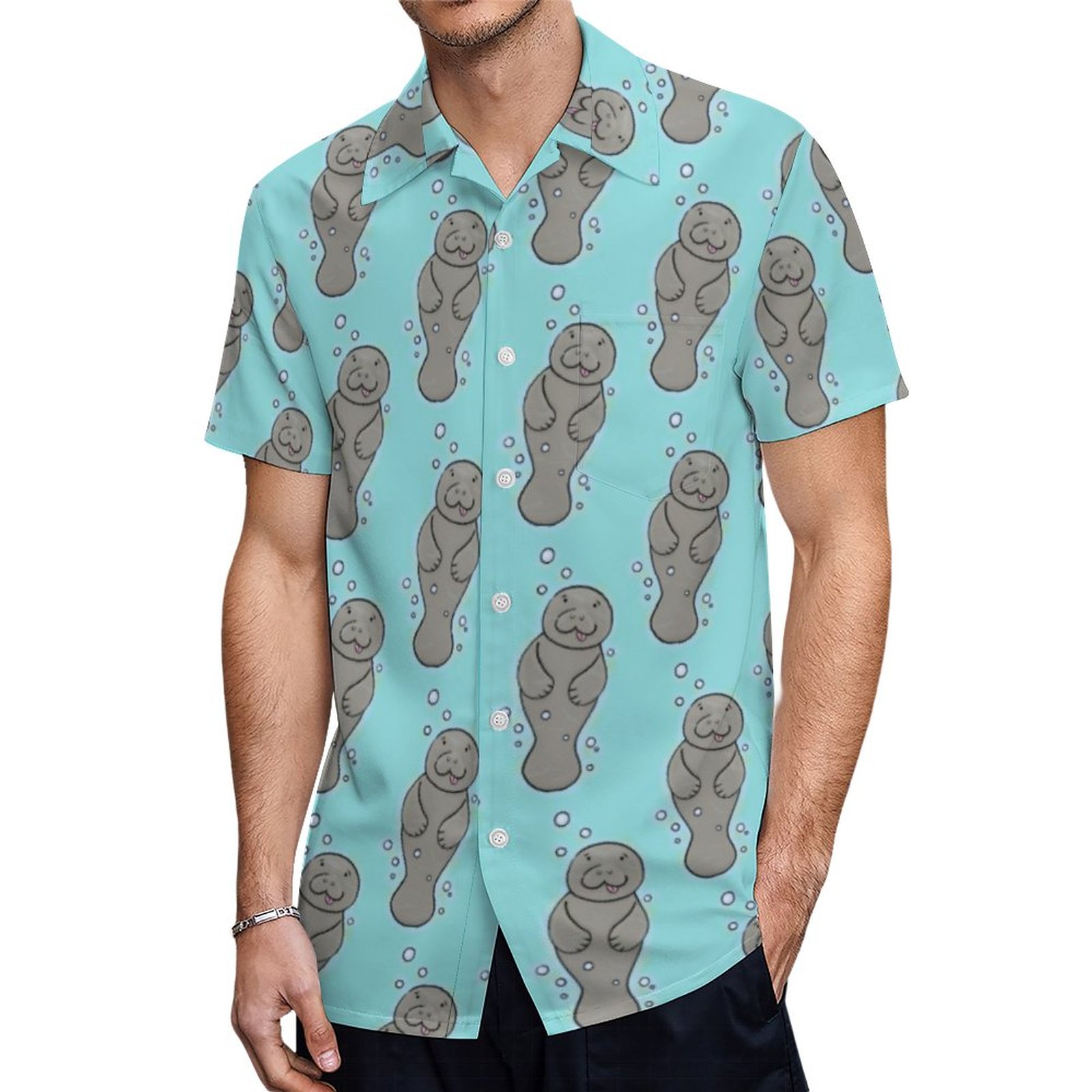 Cute Baby Manatee With Bubbles Illustration | Men'S Hawaiian Vacation Aloha Button Down Shirt | Hawaiian Oversized Shirts | Best Hawaiian T Shirts | Hawaiian Shirts And Guns | Vacation Resort Shirt