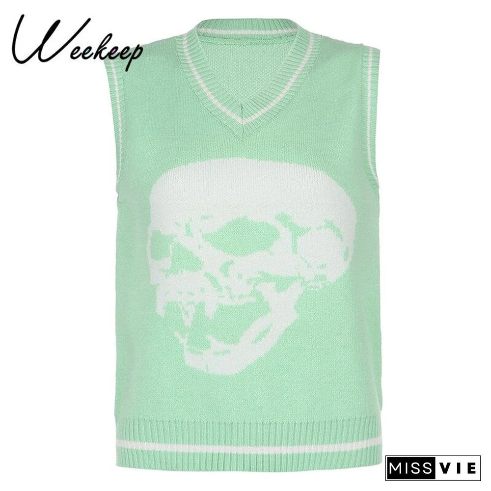 Weekeep New Sweater Vest Chic Print Pullover V Neck Knitwear Loose Casual Knitted Tank Top Women'S Streetwear Tops Blue New