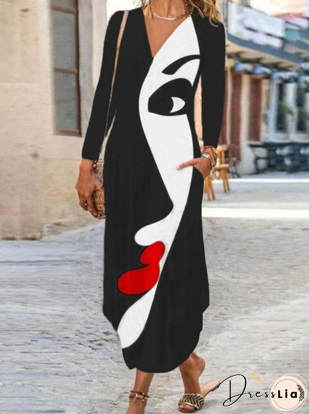 Casual Long Sleeve V Neck Printed Dresses Black Dresses