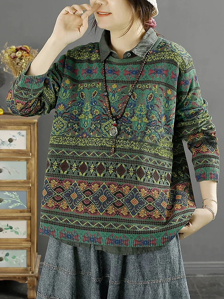 Women Ethnic Autumn Floral Knitted O-Neck Loose Sweater