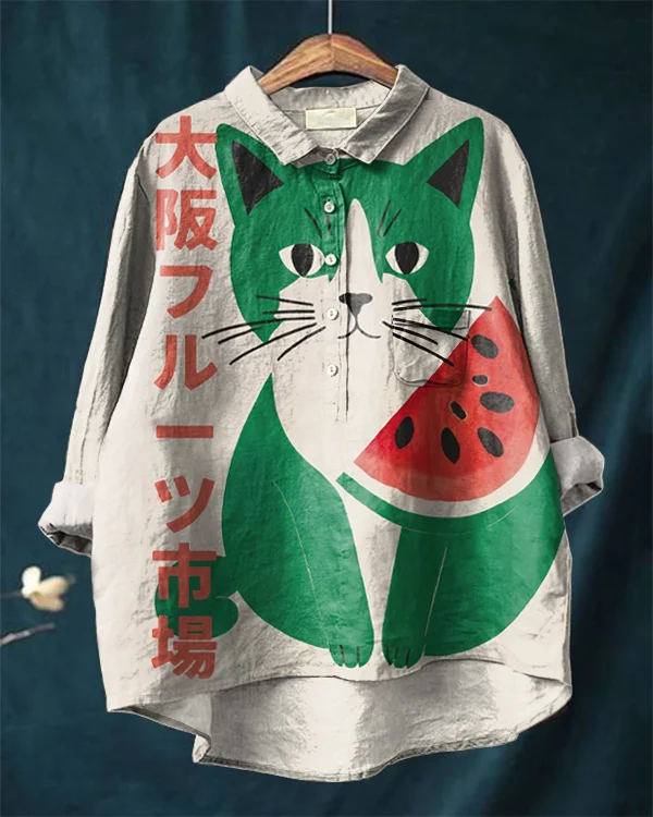 Japanese Art Cute Green Cat Art Cotton and Linen Casual Shirt