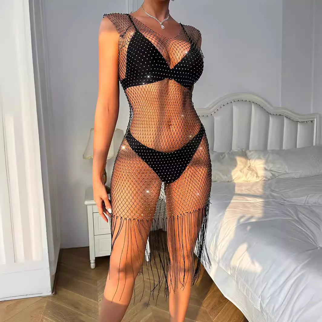 Uveng Uveng Women Wear Flash Mesh Fishnet Tassel V Collar Sexy Bikini Hood Dress 22251