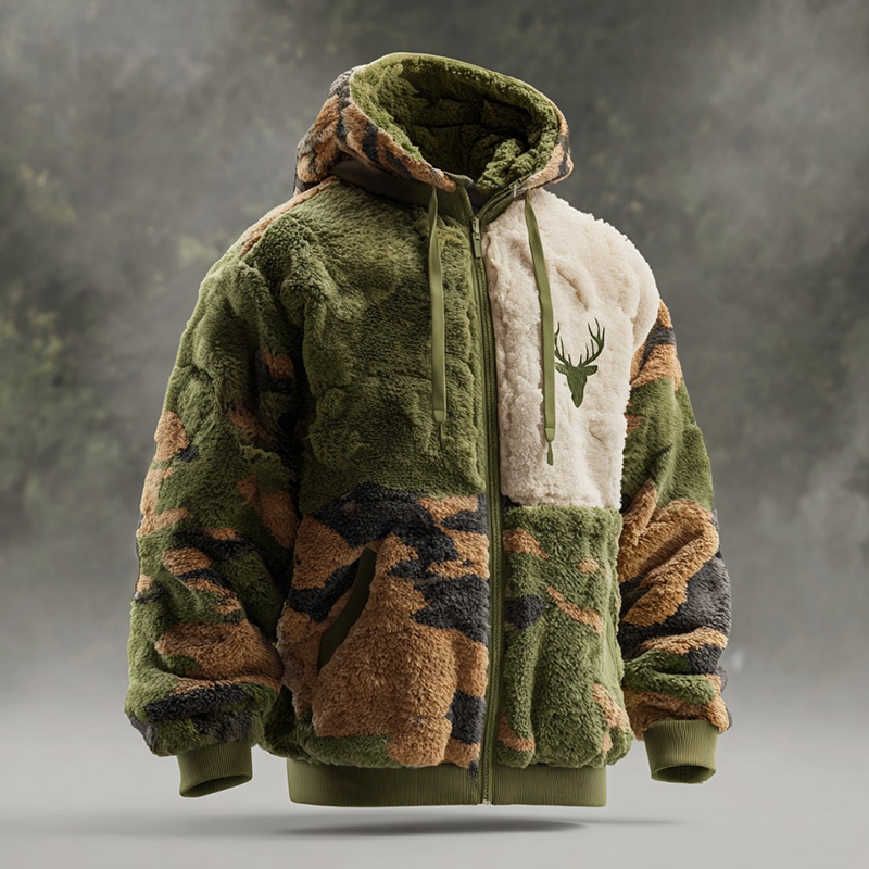 Men's Retro Camouflage And Deer Pattern Plush Warm Zip-up Jacket elevenforest