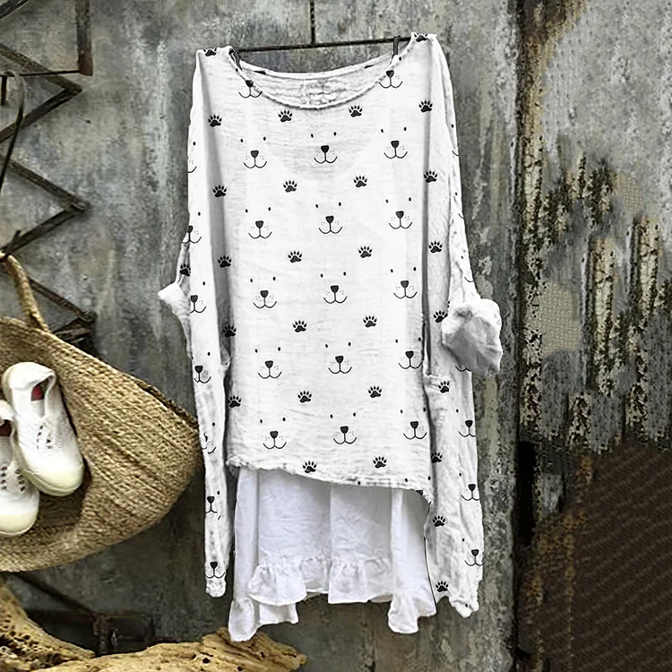 Dog Print Crew Neck Loose Blouse