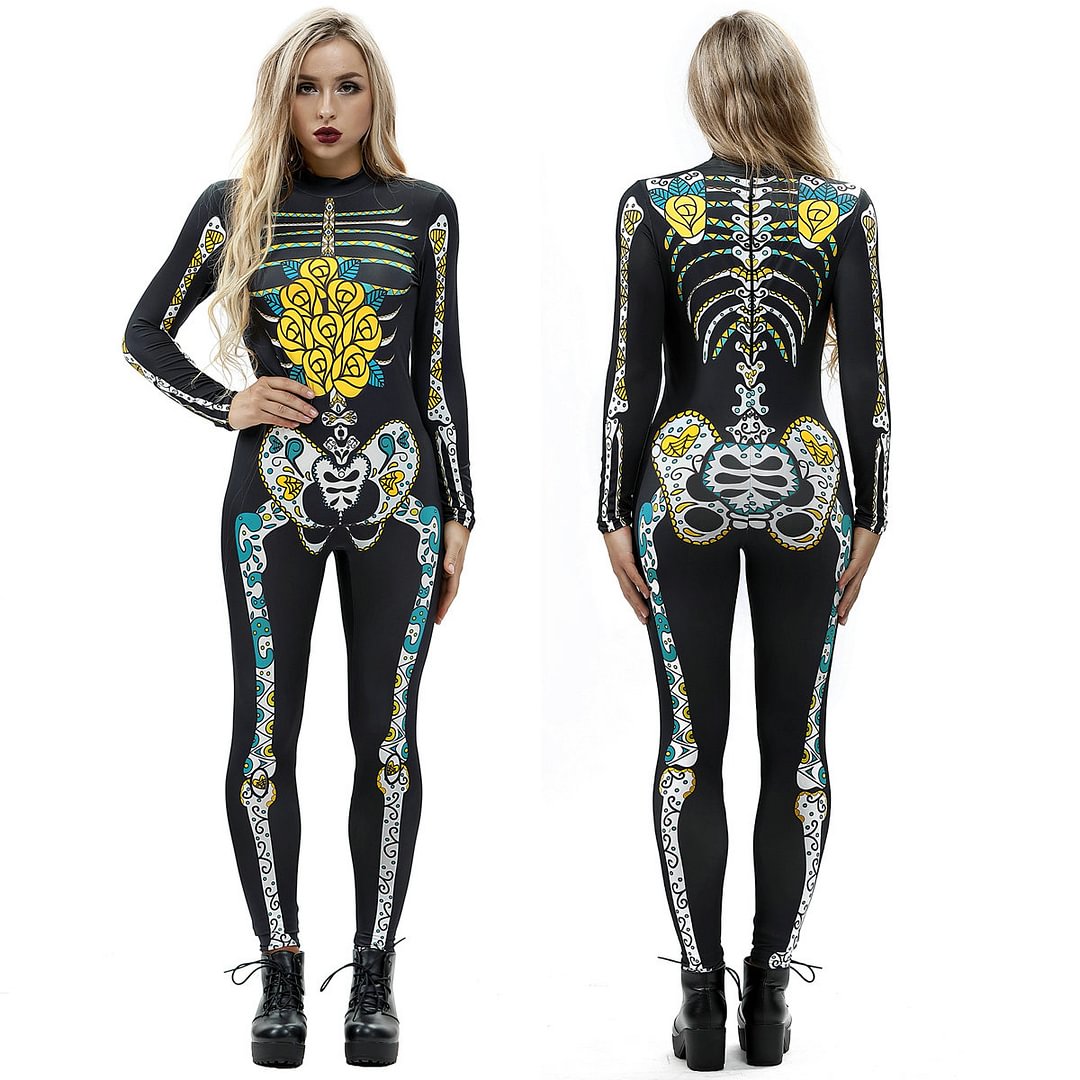 Skeleton Flower Print Halloween Cosplay Costume Jumpsuit for Women-Pajamasbuy