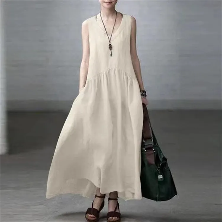 White Simple and Loose V-neck Cotton and Linen Dress