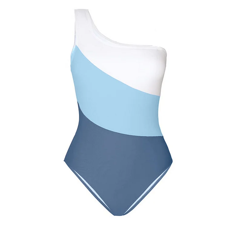 Flaxmaker One Shoulder Color Block One Piece Swimsuit