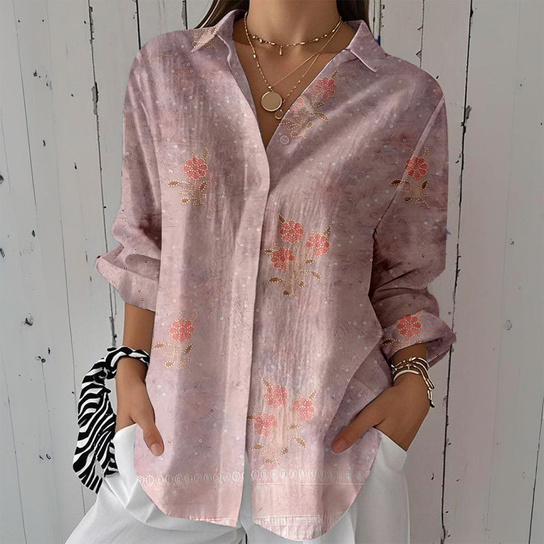Women Long Sleeve V-neck Graphic Floral Printed Top