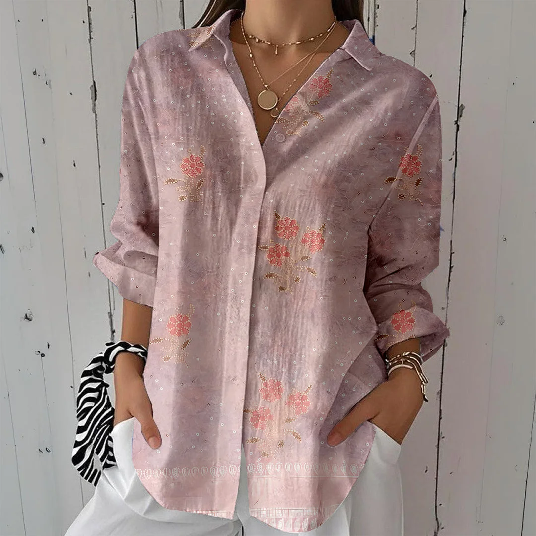 Style & Comfort for Mature Women Women Floral, Bohemian, Pink DZCL0442 3/4 Sleeve Shirt Collar Printed Button Tops