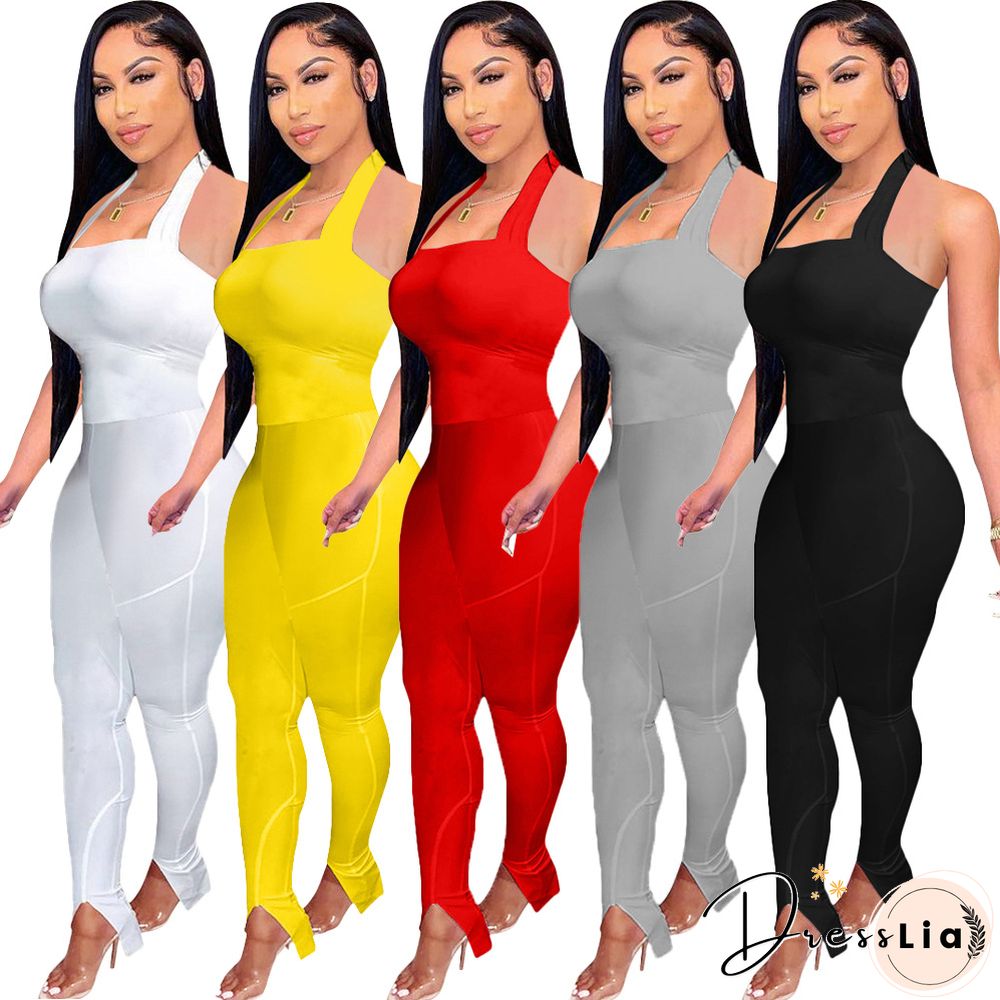 Women Solid Color Sportswear Sleeveless Halter Bodycon Jumpsuits