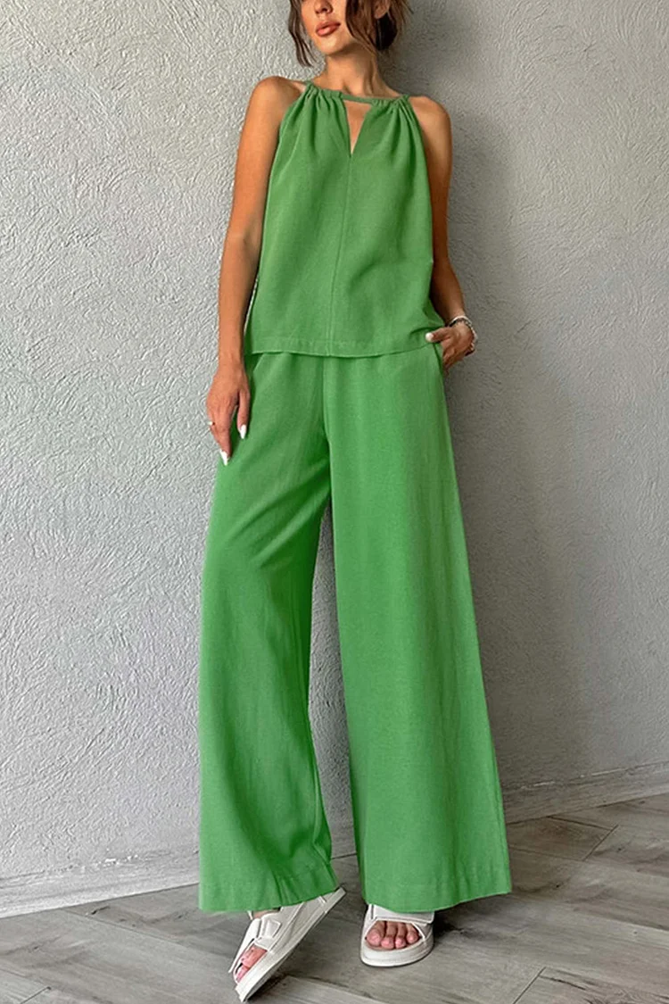 Tie-up Cutout Cotton Tank Top Long Pants Suits