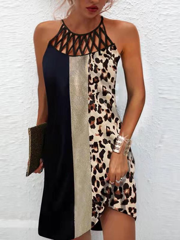 Colorblock Leopard Printed Sleeveless Hollow Dress
