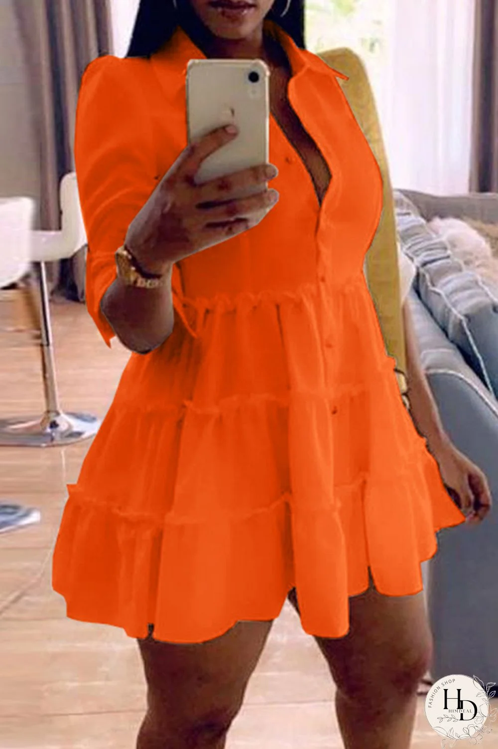 Rose Red Fashion Casual Solid Turndown Collar Shirt Dress