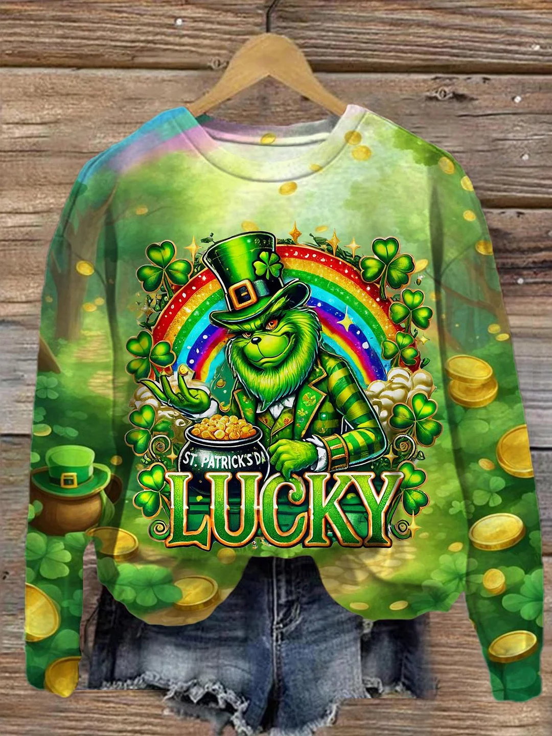 Green Monter Lucky St. Patrick's Printed Long Sleeve Casual Top