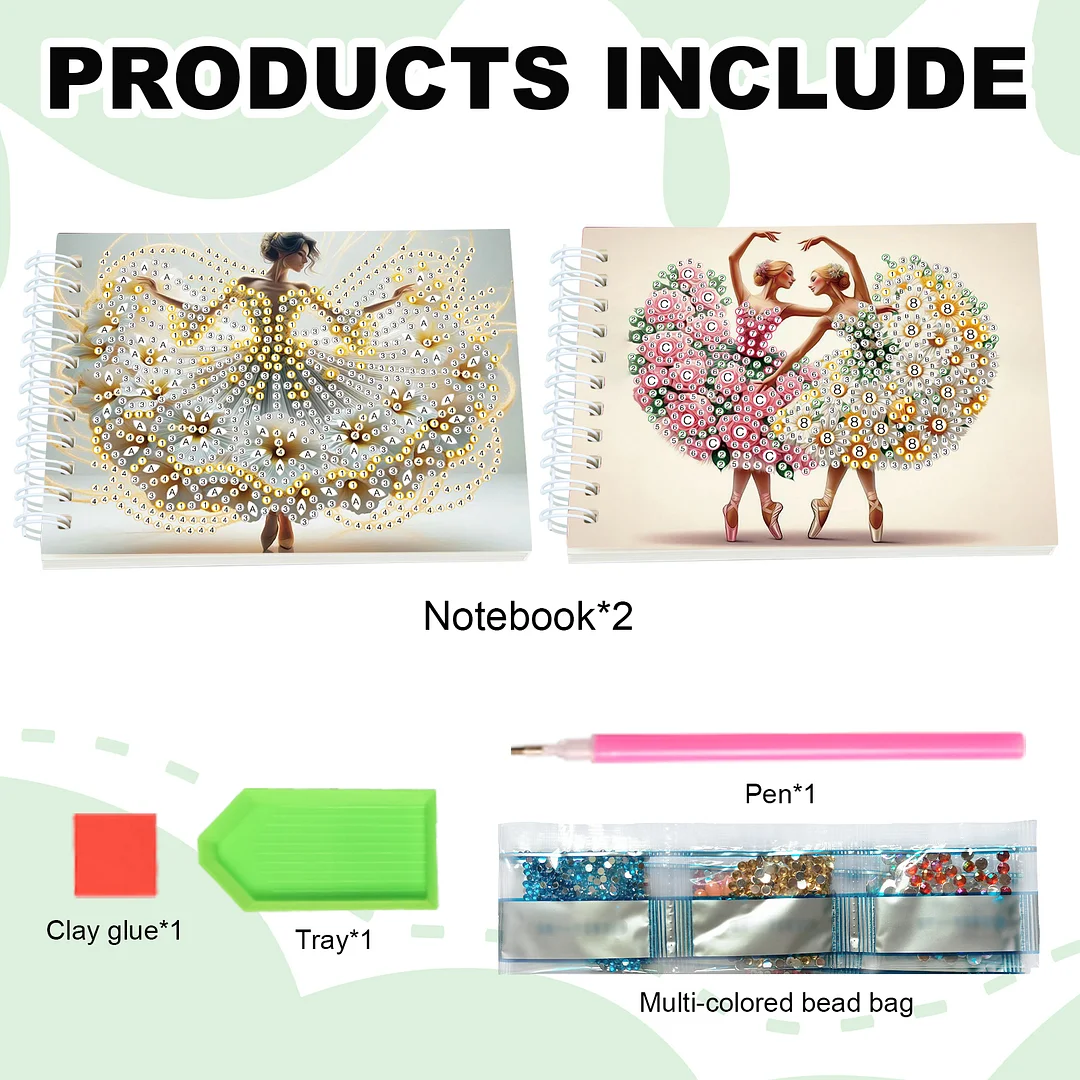 2 Pack Flower Ballet Lady DIY Diamond Art Spiral Notebook Kit 80Pages No Lines