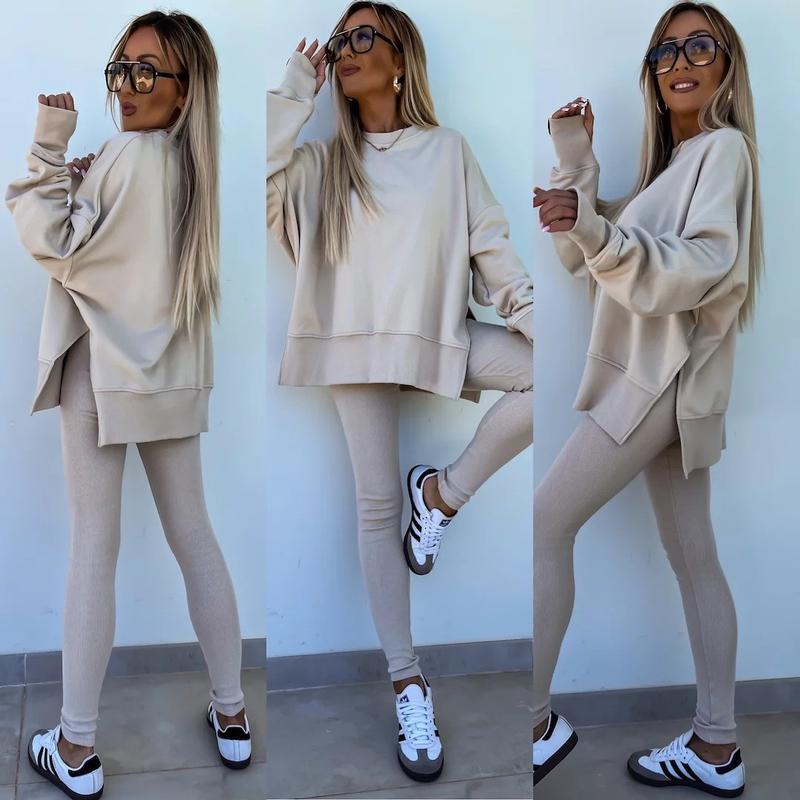 Oversize Two-Piece Set Women's Split Hem Sweatshirt & Skinny Pants, Casual Fashion Cozy Round Neck Long Sleeve Pullover Women's Clothing for Fall & Basic Winter Suits Womenswear Gamis