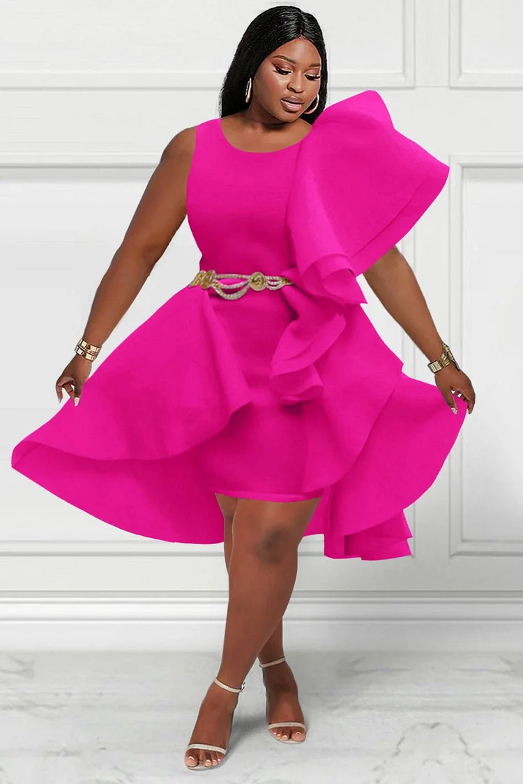 Xpluswear Design Plus Size Homecoming Dress Pink Ruffled Irregular Puff Sleeve Midi Dress