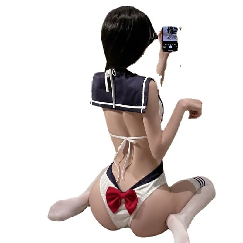 Uveng Sexy Female Pure Lust Wind Conservative Student Conjoined Belly Thin Sling Students Sex Dress Suit Extremely Tempting