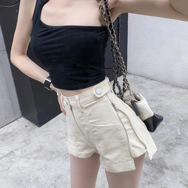 FTLZZ New Summer Women Streetwear Wide Leg Zipper Black Denim Shorts Casual Female Vintage Solid Color Pocket Jeans Shorts