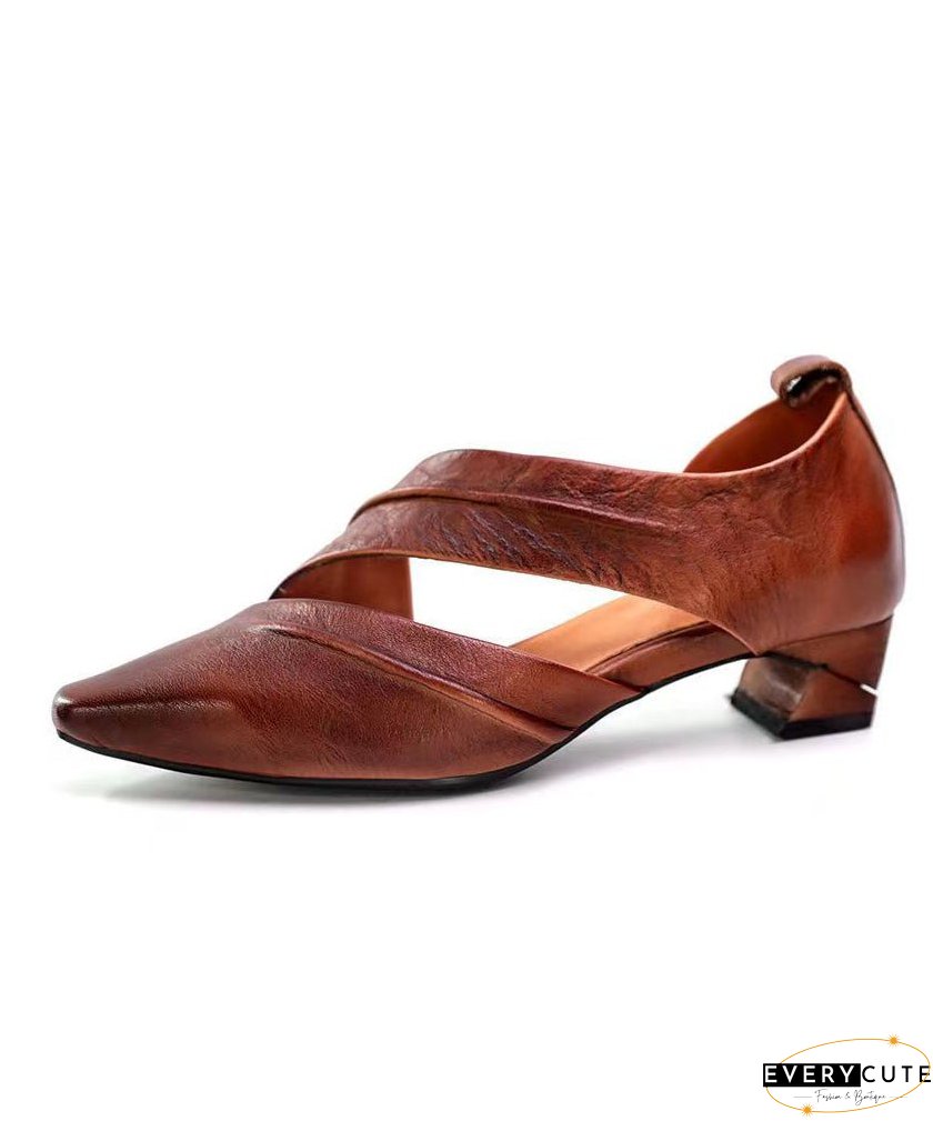 Coffee Hollow Out Pointed Toe Splicing Chunky High Heels