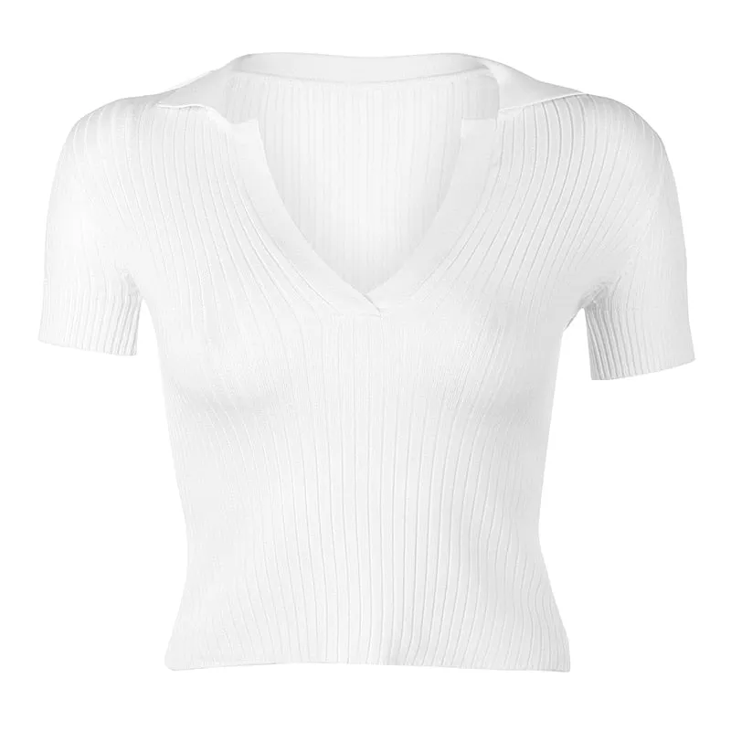 HEYounGIRL Casual Knitted Crop T Shirt Women Short Sleeve Woman Tshirt Tops Tees Korean Fashion Turn-down Collar T-shirt Ladies