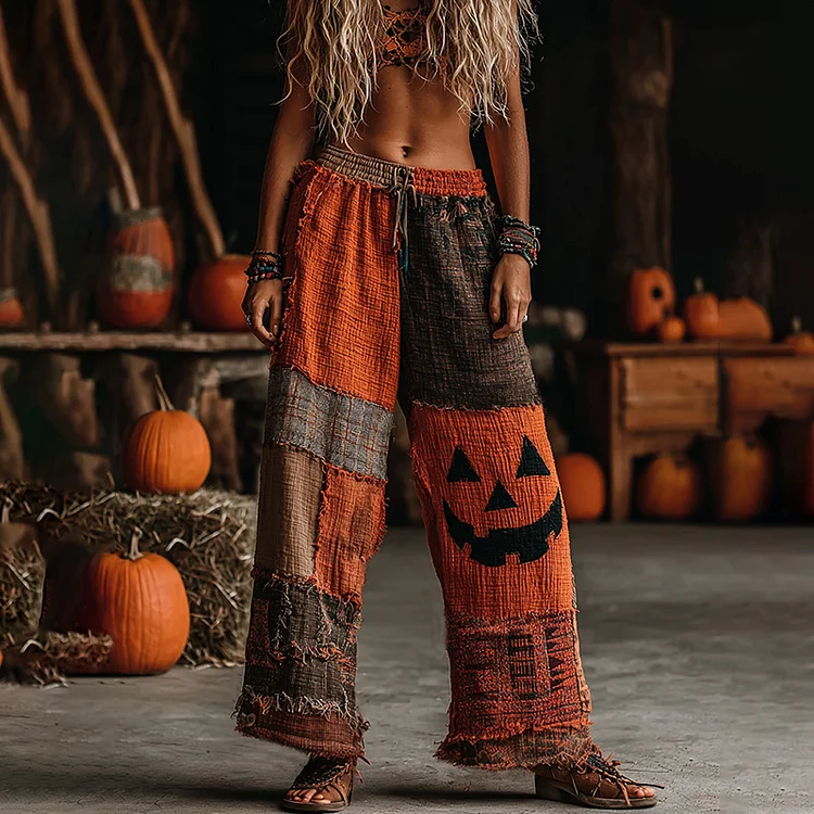 Classic Halloween Pumpkin Face Contrast Color Patchwork Linen Pants
