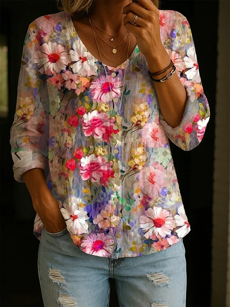 Women's Retro Flower Art Print Linen Cotton Shirt