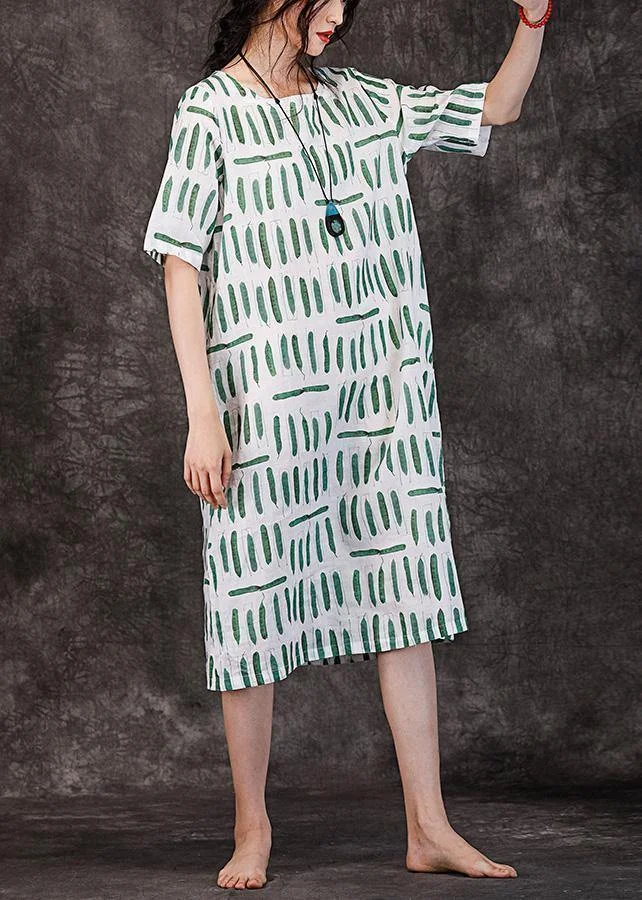 Women o neck pockets linen clothes Wardrobes green striped Dresses summer