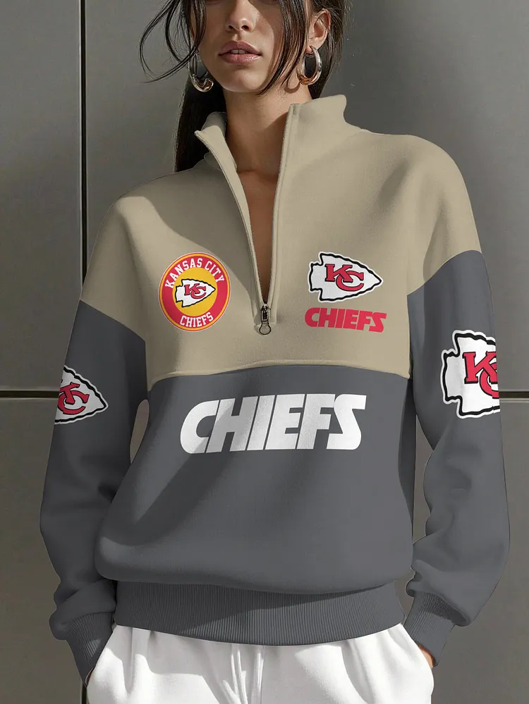 Kansas City Chiefs  Women Plain Color Zip Up Long Sleeve Sweatshirt