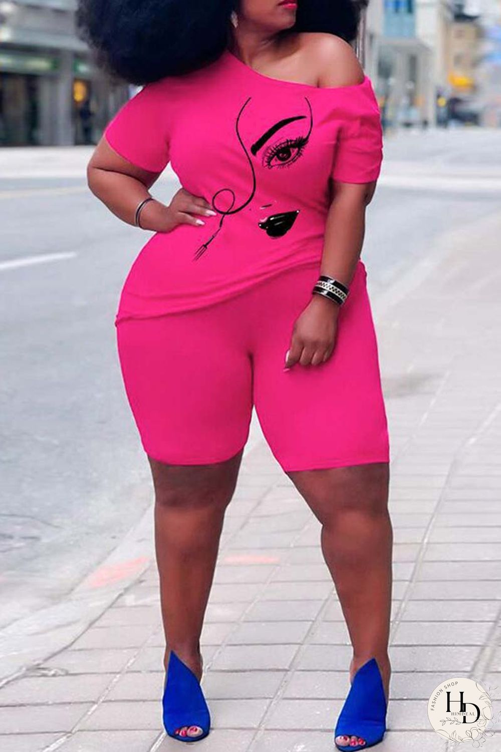 Rose Red Casual Print Basic Oblique Collar Short Sleeve Two Pieces