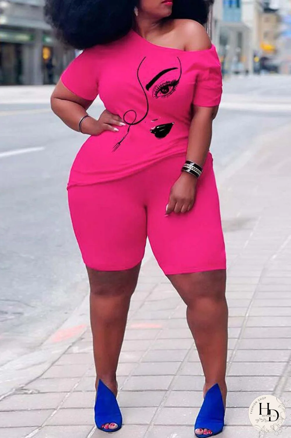 Rose Red Casual Print Basic Oblique Collar Short Sleeve Two Pieces