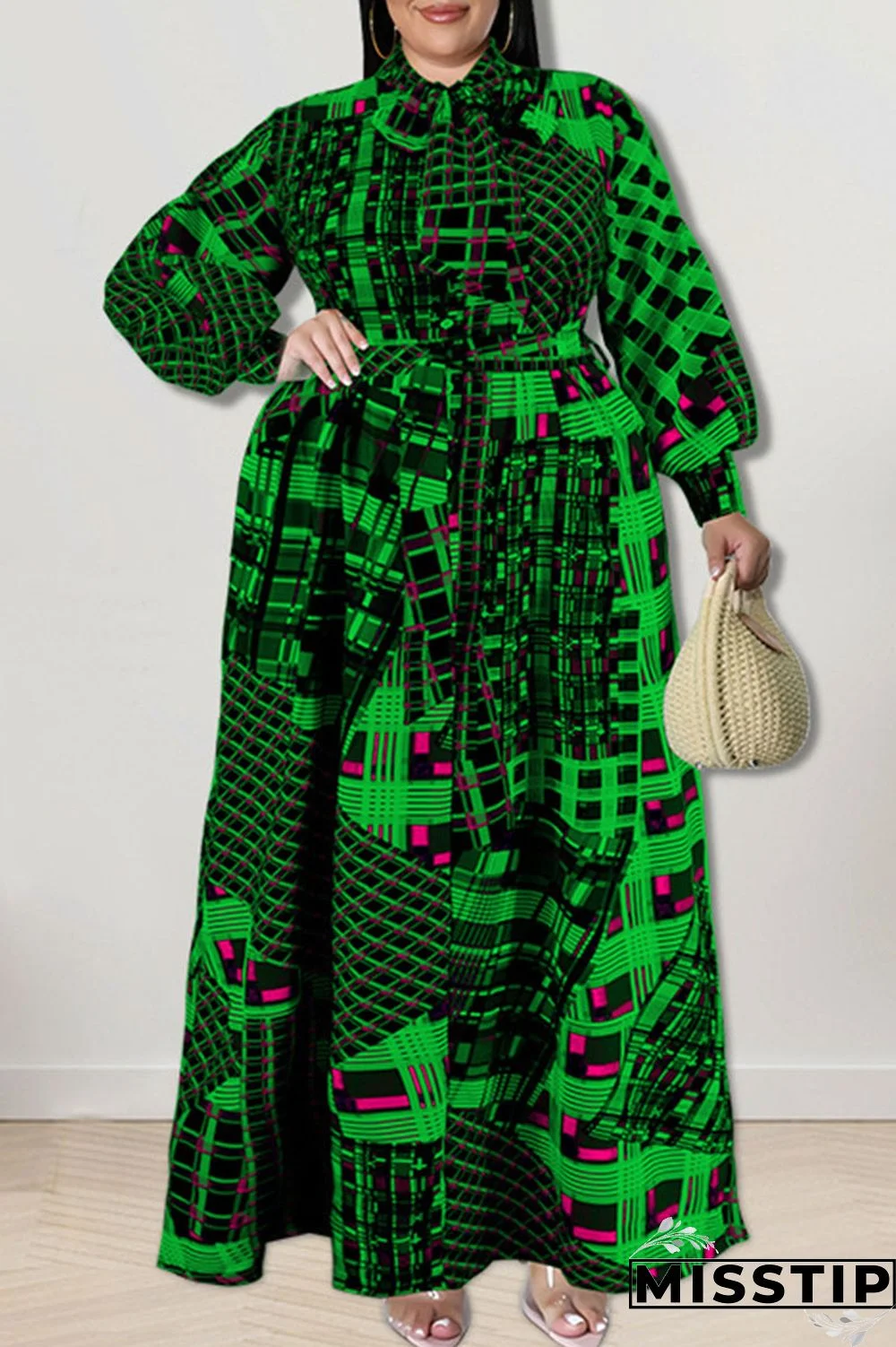 Gold Fashion Casual Print Patchwork Buckle With Bow Shirt Dress Plus Size Dresses