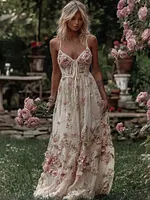 Women's Vintage Pink Floral Art V Neck Suspender Maxi Dress