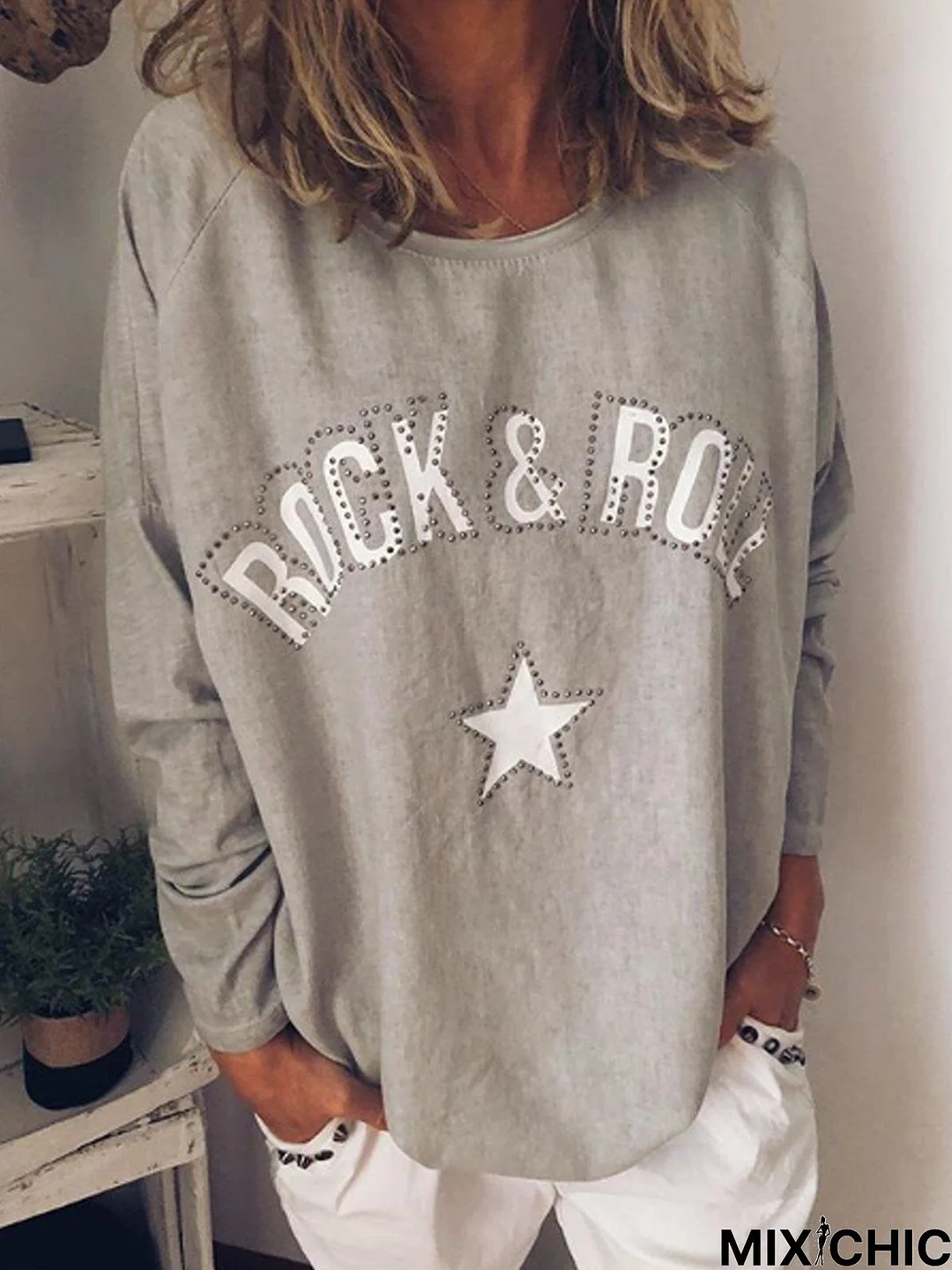 Round Neck Long Sleeve Letter Tunic Top