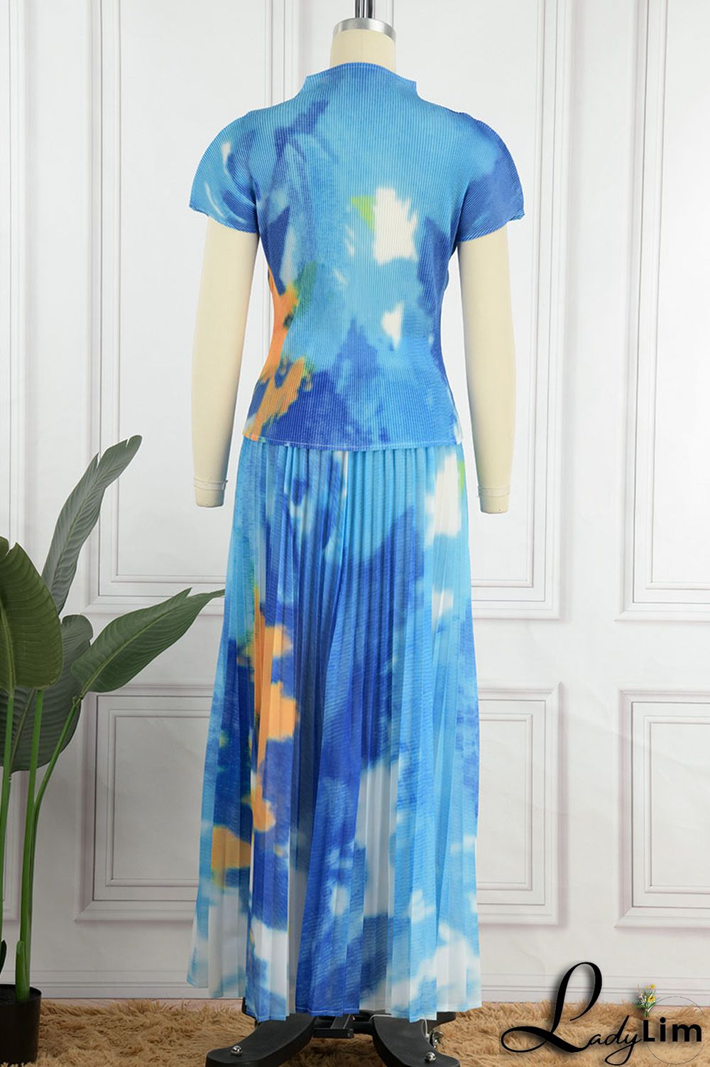 Apricot Casual Elegant Gradual Change Print Patchwork Fold O Neck Short Sleeve Two Pieces