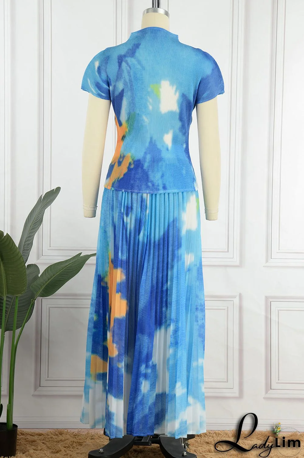 Apricot Casual Elegant Gradual Change Print Patchwork Fold O Neck Short Sleeve Two Pieces