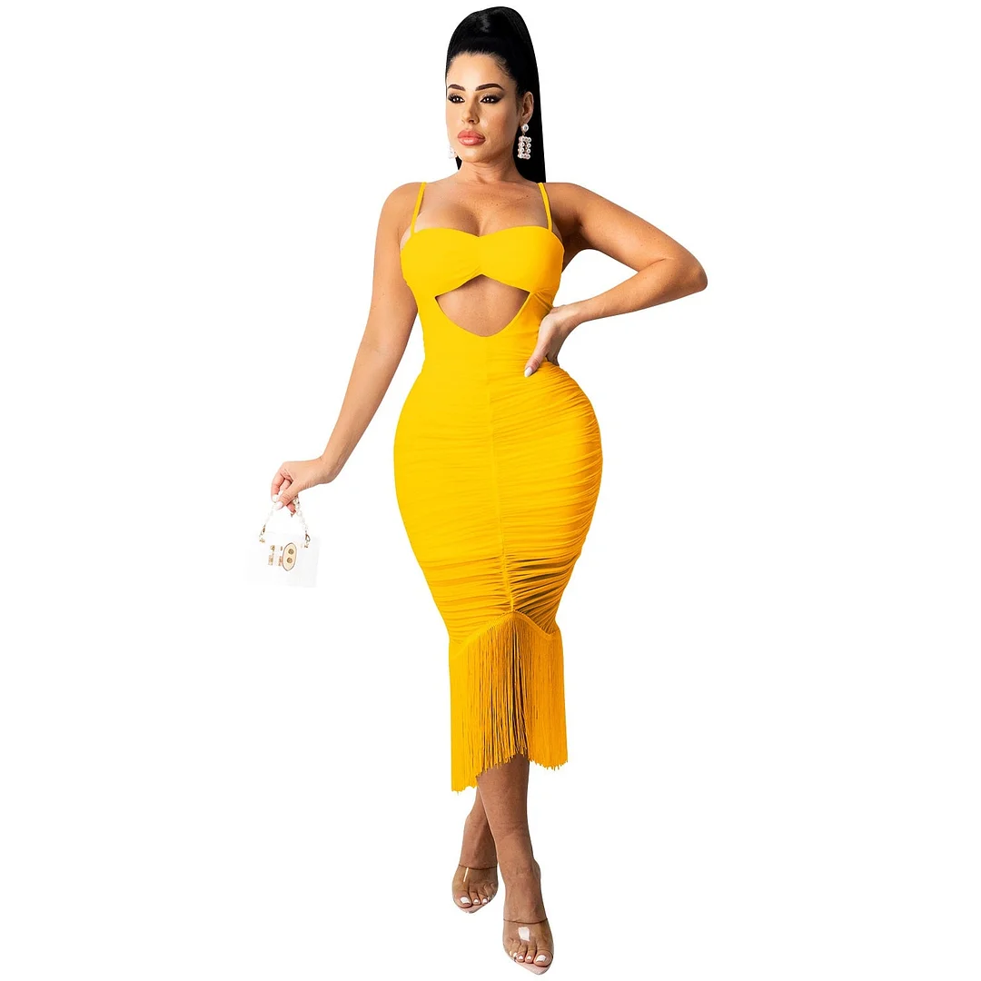 CM.YAYA Women Midi Dress Solid Sleeveless Strap Slash Neck Cut Out Tassel Stretchy Dresses Sexy Fashion Outfits Summer 2021