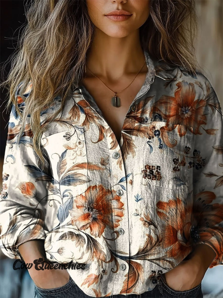 Women’s Vintage Flower Art Print Casual Long Sleeve Comfortable Cotton Shirt Multicolor / S